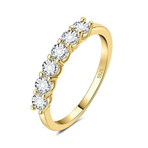 Image of JewelryPalace Classic 0.6ct Cubic Zirconia Wedding Rings for Women, Half Eternity 14k Yellow Gold Plated 925 Sterling Silver Promise Ring for Her, Round Cut Simulated Diamond Band Ring Size 7