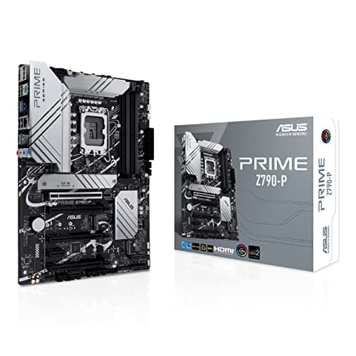Image of ASUS Prime Z790-P, an Intel Z790 LGA 1700 ATX motherboard with PCIe 5.0, three M.2 slots, 14+1 DrMOS, DDR5, Realtek 2.5 Gb LAN, HDMI, DP, USB 3.2 Gen 2x2 Type-C, front USB 3.2 Gen 2 Type-C