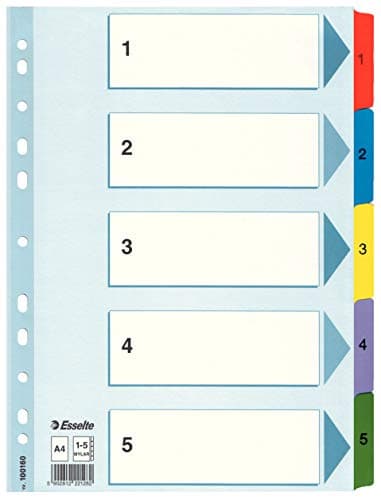 Image of Esselte 100160 A4 1-5 Index, Heavy Duty Cardboard with Mylar Reinforced Tabs, Blue/Multicolour