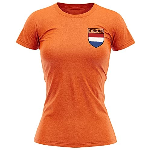 Image of Netherlands Football Shirt Womens - Retro Holland Flag Badge T Shirt - Football Country European Supporters 2020 Tee Her - Dutch Tournament 2021 Footy Soccer Top, S, Orange