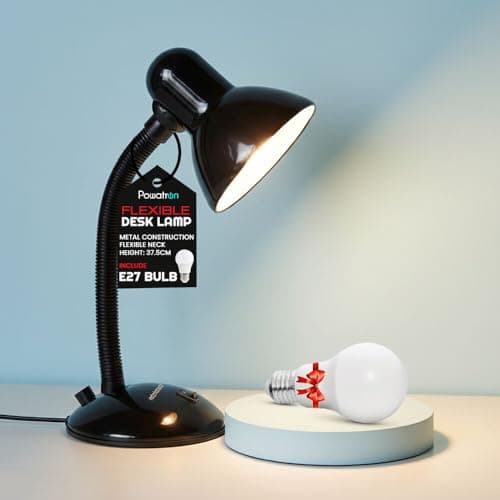 Image of Flexible Desk Lamp with Bulb – Flexi Table Reading Lamp Adjustable Neck Metal Construction On/Off Switch & 1.5m Cable W/BS Approved Plug Mains Powered Desk Lamps | Perfect for Home & Office Use