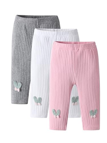 Image of Derouetkia Baby Girl Leggings Solid Colour Cute Pants 3Pcs, Grey+White+Pink, 9-12 Months