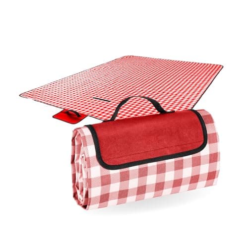 Image of Straame Waterproof Picnic Blanket – Large 200x140cm Foldable Outdoor Blanket with Carry Handle – Ideal for Camping, Beach, Garden & Festivals – Timeless Gingham Design (Red)