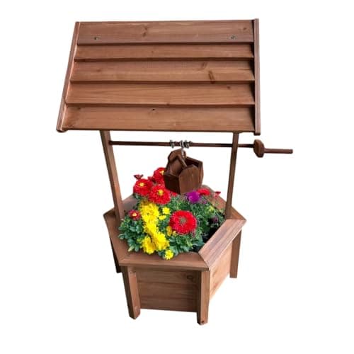 Image of Wooden Garden Wishing Well - Fountain Barrel Waterfall Rustic Wood with Pump Garden Decor Ornament, Fountain Outdoor For Garden Plant - Wood Water Planter Decoration