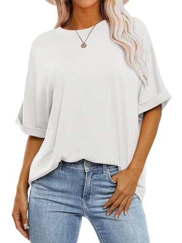 Image of Cuptacc Women's T-Shirt Crew Neck Oversized T Shirts for Women Rolled Short Sleeve Summer Tops Casual Loose Tee Shirts White L 16-18