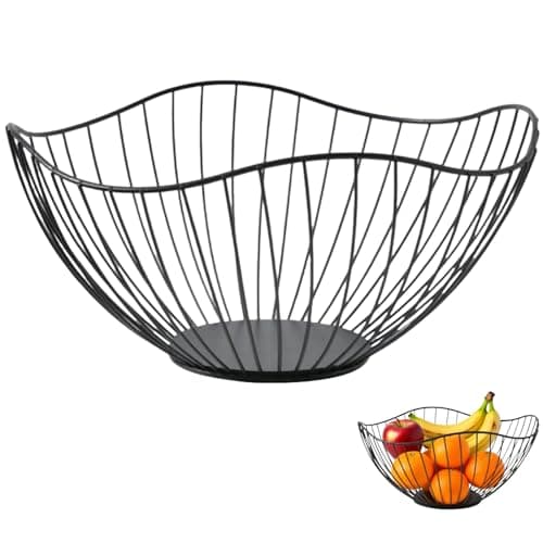 Image of Black Metal Fruit Bowl Basket - Large Rust-Resistant Wire Fruit Holder for Kitchen Counter, Modern Home Decor & Table Centerpiece (deep)