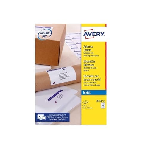 Image of Avery Smudge Free, Printable, Address Labels, Quickdry, 63.5 x 46.6 mm, White, 18 Labels per Sheet, 450 Blank Labels per Pack (J8161-25)