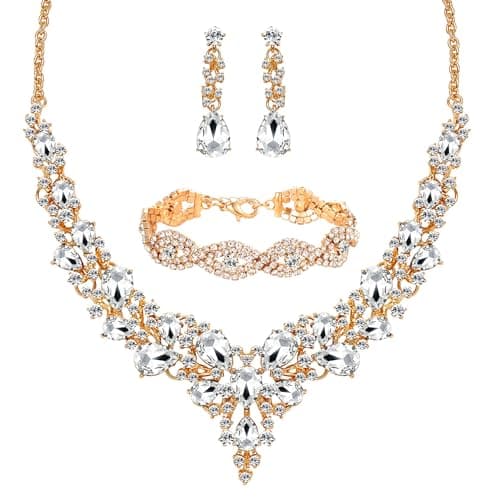 Image of Miraculous Garden 3/4 Pieces Women Jewelry Set Artificial Rhinestone Crystal Bride Statement Choker Necklace Tiara Crown Link Bangle Bracelet Teardrop Dangle Earrings Set, 20, AAA Rhinestone & Crystal