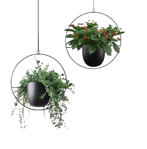 Image of Funtabee 2-Pack Mid-century Modern Hanging Planter, Black Metal Wall Hanging Planter Indoor, Hanging Flower/Plant Pots, Metal Hanging Baskets/Plant Holder, Set of Two (Black, Roundx2)