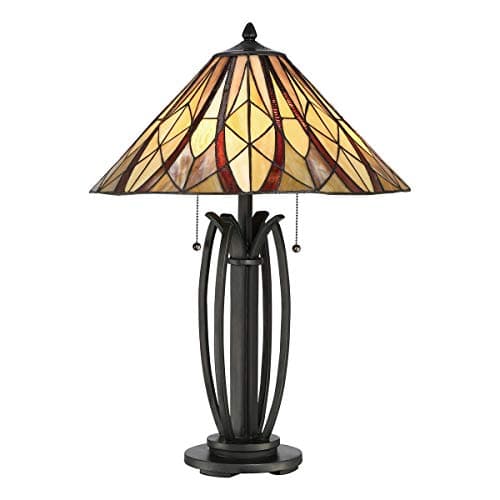 Image of Table Lamp - Open Metal Base - Switch Pull Chord - Tiffany Style Coloured Shade - Criss Cross Design - Valiant Bronze - LED E27 60W Bulb