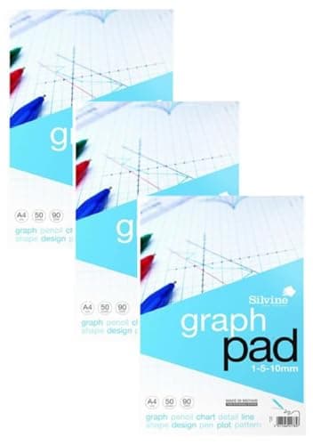 Image of Silvine A4 Graph Pad. 50 Sheets of Quality 90gsm Paper, Printed 1-5-10mm Graph. Ref A4GP (Pack of 3)
