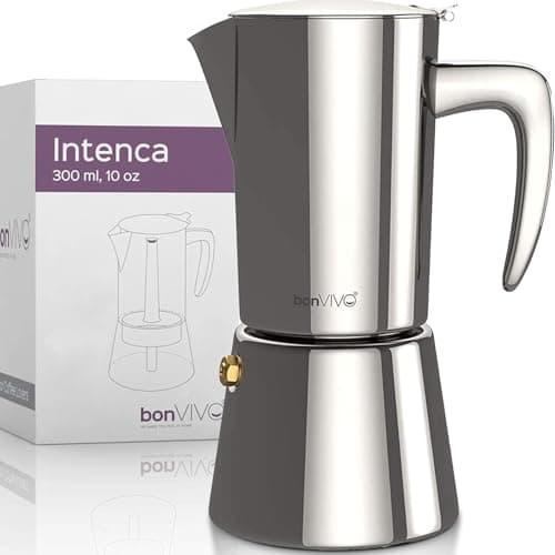 Image of bonVIVO Moka Pot - Intenca, 300ml, Stainless Steel Espresso Maker w/Silver Chrome Finish - Stove Top Italian Coffee Maker - 6 Cup Coffee Pot - Gifts for Men and Women