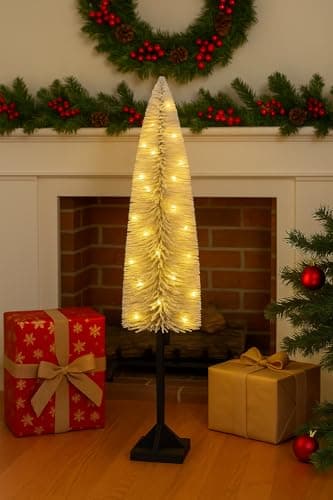 Image of 4ft (120cm) Tall LED Light Up Christmas Tree - Battery Operated Frosted Bottle Brush Tree with Warm White Lights - Indoor Holiday Decoration