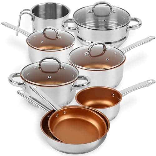 Image of 8-Piece Stainless Steel Cookware Set - Includes Frying Pans, Casserole Pot, Saucepans, Steamer & Sauce Jug - Non Stick and Compatible for All Types of Hobs - PTFE and PFOA Free