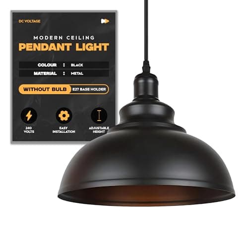 Image of DC VOLTAGE Modern Ceiling Pendant Light Black Metal 29cm Width Lampshade Easy Fit E27 Base with Adjustable Cable Hanging Light Fitting for Kitchen Living Room Bedroom Restaurant Office Bar