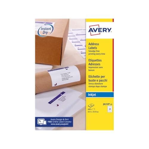 Image of Avery Smudge Free, Printable, Address Labels, Quickdry, 63.5 x 33.9 mm, White, 24 Labels per Sheet, 600 Blank Labels per Pack (J8159-25)