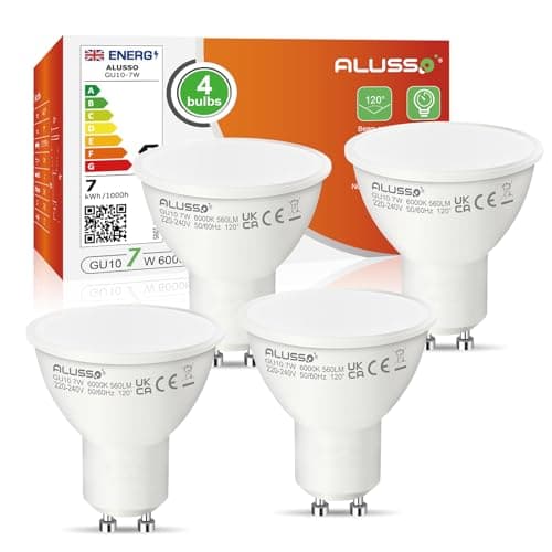 Image of ALUSSO 7W GU10 LED Light Bulbs, 560lm Cool White 6000K, Non-dimmable, 120° Beam Angle, LED Spotlight Bulbs Suitable for Living Room, Bedroom, Kitchen, Pack of 4