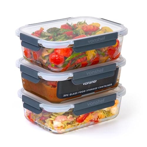 Image of VonShef Glass Containers with Lids, 3Pc 1.5L Capacity Large Meal Prep Food Lunch Boxes, Oven and Dishwasher Safe, Airtight Leakproof Seal Great for Batch Cooking