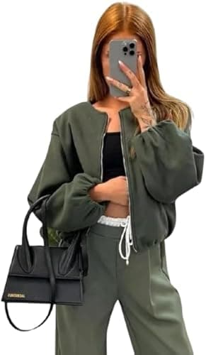 Image of Pretty Attitude Women’s Classic Plain Bomber Zipper Jacket, Ladies Balloon Sleeve Elegant Full Zip Lightweight Winter Warm Short Coats (UK, Numeric, 12, 14, Regular, Regular, Khaki)