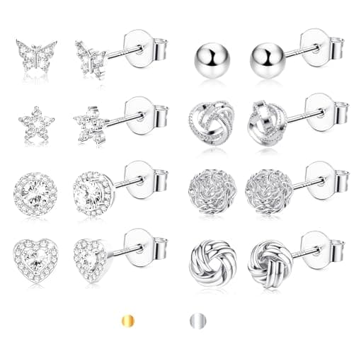 Image of MILACOLATO Sterling Silver Stud Earrings for Women, 8 Pairs Hypoallergenic 925 Silver Studs, Flower Butterfly Love Knot Ball Heart Cubic Zirconia Small Earring Set for Teens Girls