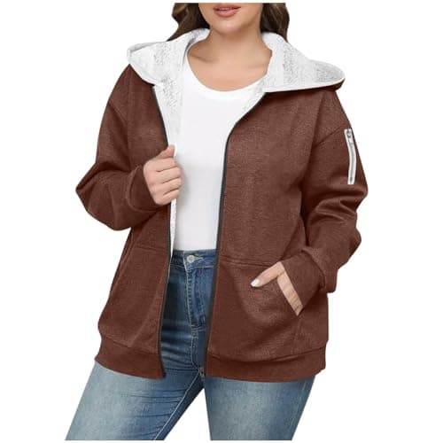 Image of AnnSemo Hoodies for Women UK Plus Size Zip Up Jacket Womens Cosy Fleece Lined Hoodies with Pockets Casual Oversized Hooded Sweatshirts Long Sleeve Warm Winter Coat Brown