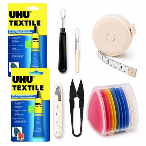 Image of UHU Textile Fabric Glue for Clothes 2 x 19ml – No Sew Clothing Repair Kit with Lavarion 1.5m Retractable Tape Measure, 10pc Tailors Chalk & Seam Ripper Set – Solvent Free, Washable & Water Resistant