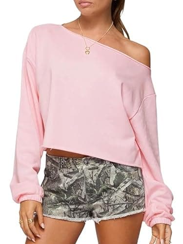 Image of Anuedgis Women's Y2k Oversized Off Shoulder Crop Tops Casual Loose Long Sleeve Going Out Pullover Sweatshirt Aesthetic Clothes (A-Pink, S)
