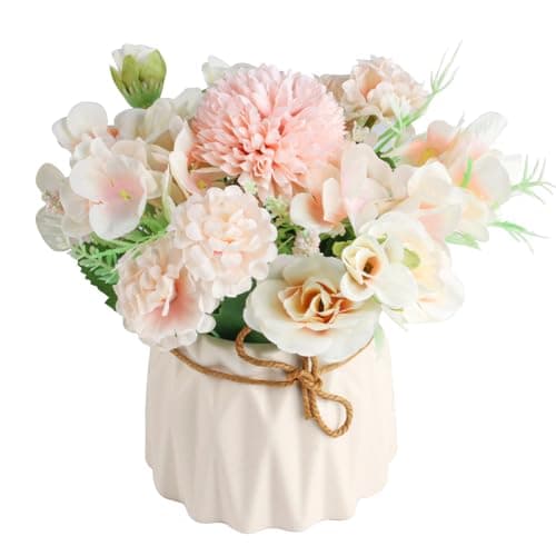 Image of Artificial Flowers with Vase, Realistic Hydrangea Roses Silk Flowers Arrangements, Fake Flowers in Pot for Home Decoration, Wedding Table, Window, Living Room, Bedroom, Office, Party Deco (Pink)