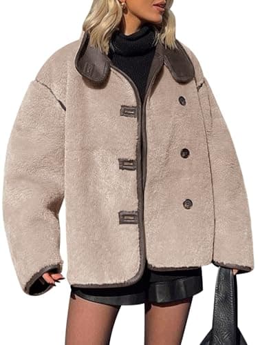 Image of Tankaneo Womens Faux Fur Jackets Warm Winter Casual Button Down Stand Collar Long Sleeve Shaggy Outwear Coats, Dark Khaki, Small