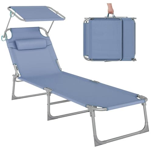 Image of SONGMICS Sun Lounger Folding Sun Lounger 193 x 53 x 29 cm Supports up to 150 kg Sun Protection Pillow Adjustable Backrest Garden Pool Patio Blue GCB192Q01