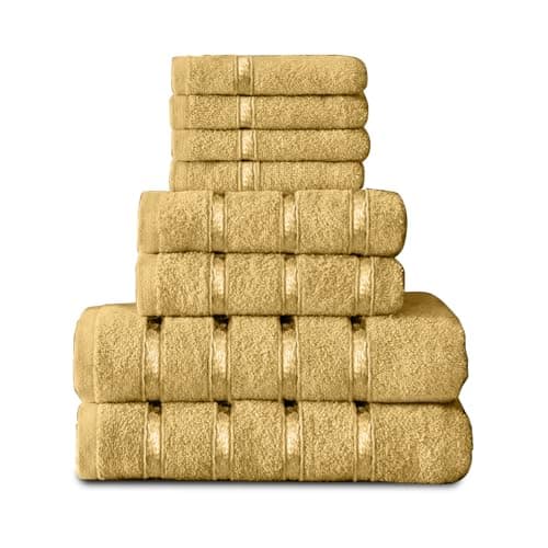 Image of GC GAVENO CAVAILIA 8 Piece Cotton Egyptian Bath Towels Bale Set, Highly Absorbent Quick Drying Towel, Ultra Soft 4x Face 2x Hand 2x Bath Striped Towels Set, Ochre