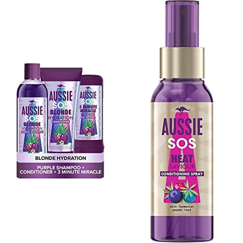 Image of Aussie Blonde Purple Shampoo and Conditioner Set + Hair Mask, Silver 290ml/200ml/250ml & SOS Instant Heat Saviour Vegan Hair Spray For Dry Hair Damaged By Styling, 100ml