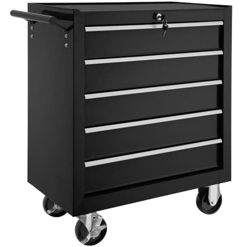 Image of tectake® Robust Tool Cabinet on Wheels, 5 Lockable Drawers, Anti-Slip Mats, and Parking Brakes. Made from Powder-Coated Steel, a Versatile Storage Box for Tools and Equipment - black
