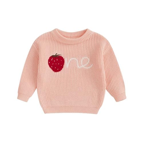 Image of Geagodelia Toddler Baby Girl 1st Birthday Sweater Long Sleeve Knitted Sweatshirt Pullovers Strawberry Letter Embroidery Knit Jumpers Tops Chunky Knitwear Warm Clothes Outfits (Pink, 12-18 Months)
