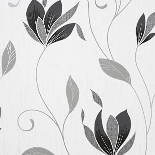 Image of Synergy Floral Black White Luxury Vinyl Wallpaper - Textured Modern Contemporary Glitter Feature Wall