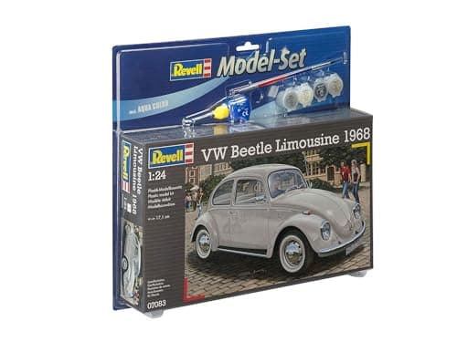 Image of Revell Model Set 67083 VW Beetle Limousine 68 1:24 Scale Unbuilt/Unpainted Plastic Model Kit with Contacta Professional Glue, Paintbrush & Selected Aqua Color Paints