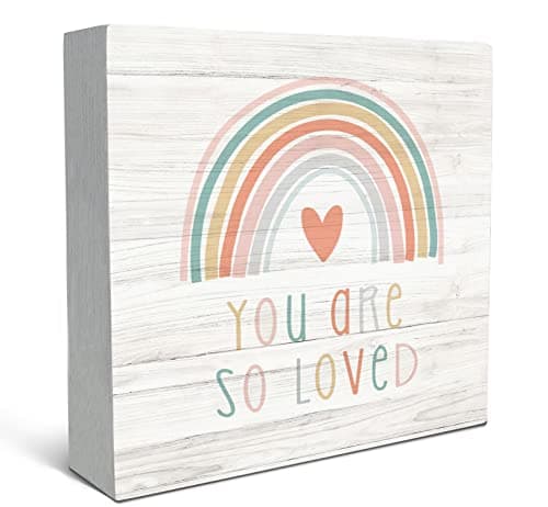 Image of SRADMO You Are So Loved Rainbow Heart Wood Box Sign Desk Decor, Kids Inspirational Quotes Wooden Block Box Sign Decoration For Kids Room Nursery Playroom Shelf Table Decor