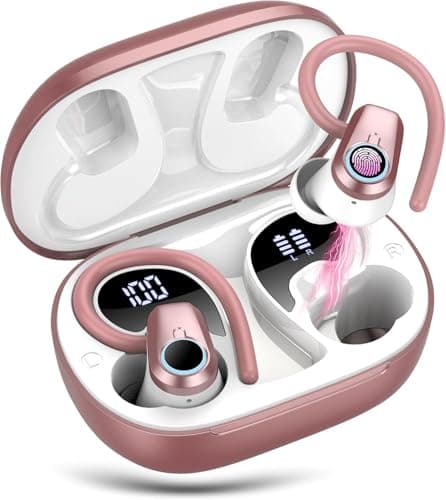 Image of Wireless Earbuds, Bluetooth 5.3 Headphones with 4 ENC Noise Canceling Mic, 50H Stereo Dual LED Display Ear Buds, Sport Bluetooth Earphones with Earhooks, IP7 Waterproof Wireless Headphones, Rose Gold