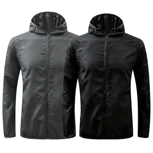 Image of Youkly 2 Pcs Men's Lightweight Waterproof Jacket with Pockets Packable Hooded Raincoat Sun Protection Windproof Rain Jacket for Travel, Running & Hiking (UK, Alpha, L, Regular, Regular, Black+Grey)