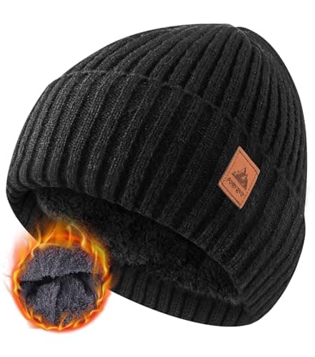 Image of FORVEVO Beanie Hats for Men, Winter Hats with Thick Warm Fleece Lining, Thermal Knit Mens Beanie Hat for Winter Daily Life Outdoor Running Skiing, Black