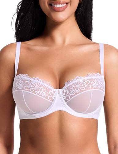 Image of Deyllo Lace Mesh Bra for Women, Underwired Balconette Bra, Non Padded Half Cup Bralette with Adjustable Straps(White,36B)
