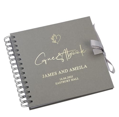 Image of Personalised Wedding Guestbook with Delicate Heart Foil Design, 20.3 x 20.3 cm, Spiral Binding, Multiple Colours (Grey)