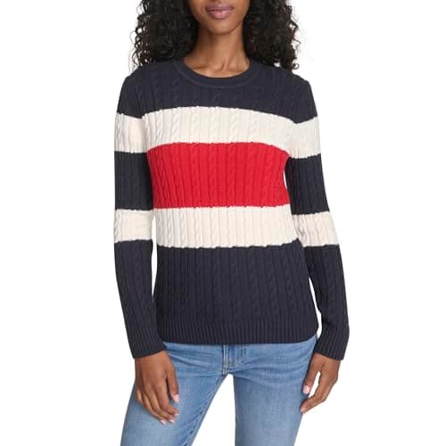Image of Tommy Hilfiger Women's Cotton Crewneck Cable Sweater, Sky Captain Multi Colorblock, XS