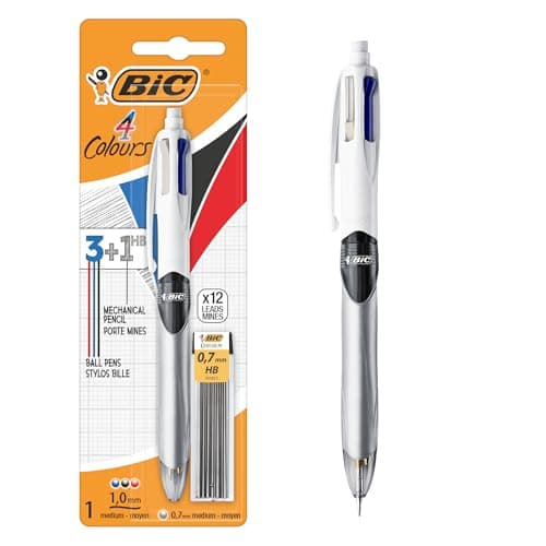 Image of BIC 4 Colours Pen and Pencil Combo - Multicolour Retractable Ballpoint Pens and HB Pencil (12 x 0.7mm Leads)