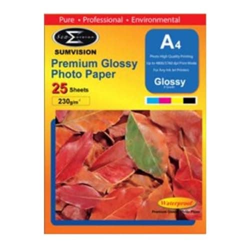 Image of Sumvision Photo Picture Photograph Paper A4 230gm Glossy Photo Paper Premium Professional Gloss Finish Inkjet Printable Photo Paper 25 Sheet Pack