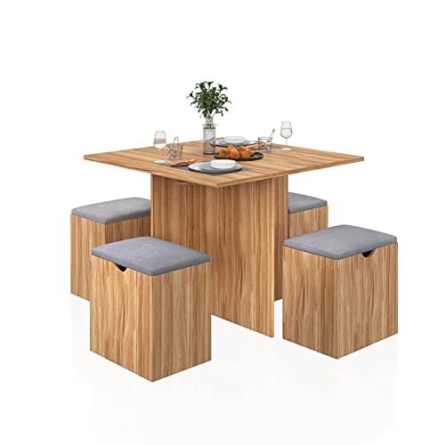 Image of Mondeer Dining Table Set, Table and 4 Stools with Soft Cushion Wooden Space Saving for Dining Room Kitchen, L80 x W80 x H75 cm, Red Oak and Grey