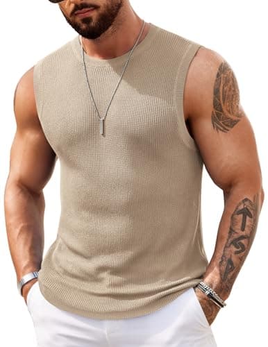 Image of COOFANDY Men's Casual Knit Tank Shirt Sleeveless Muscle Vest, Khaki, XL
