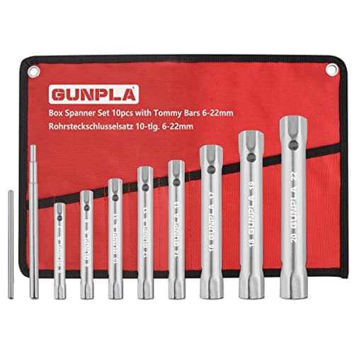 Image of Gunpla 10 Pieces Box Spanners Set with 2 Tommy Bars, Multi Size Tap Monoblock Professional Tubular Spanner Kit Metric 6x7mm – 20x22mm Heavy Duty Double Ended Box Wrenches Plumber Tools for Water Taps