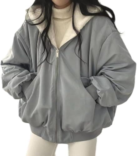 Image of Sherpa Jacket for Women Teen Girls Reversible Y2k Zip Up Hoodie Fleece Fur Grunge Winter Coat (Blue,L)