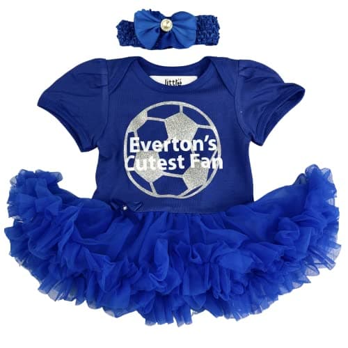Image of Little Secrets Clothing Baby Girls Everton's Cutest Fan Football Blue Tutu Romper with Headband, Newborn Baby Football Kit, 0-3 Months
